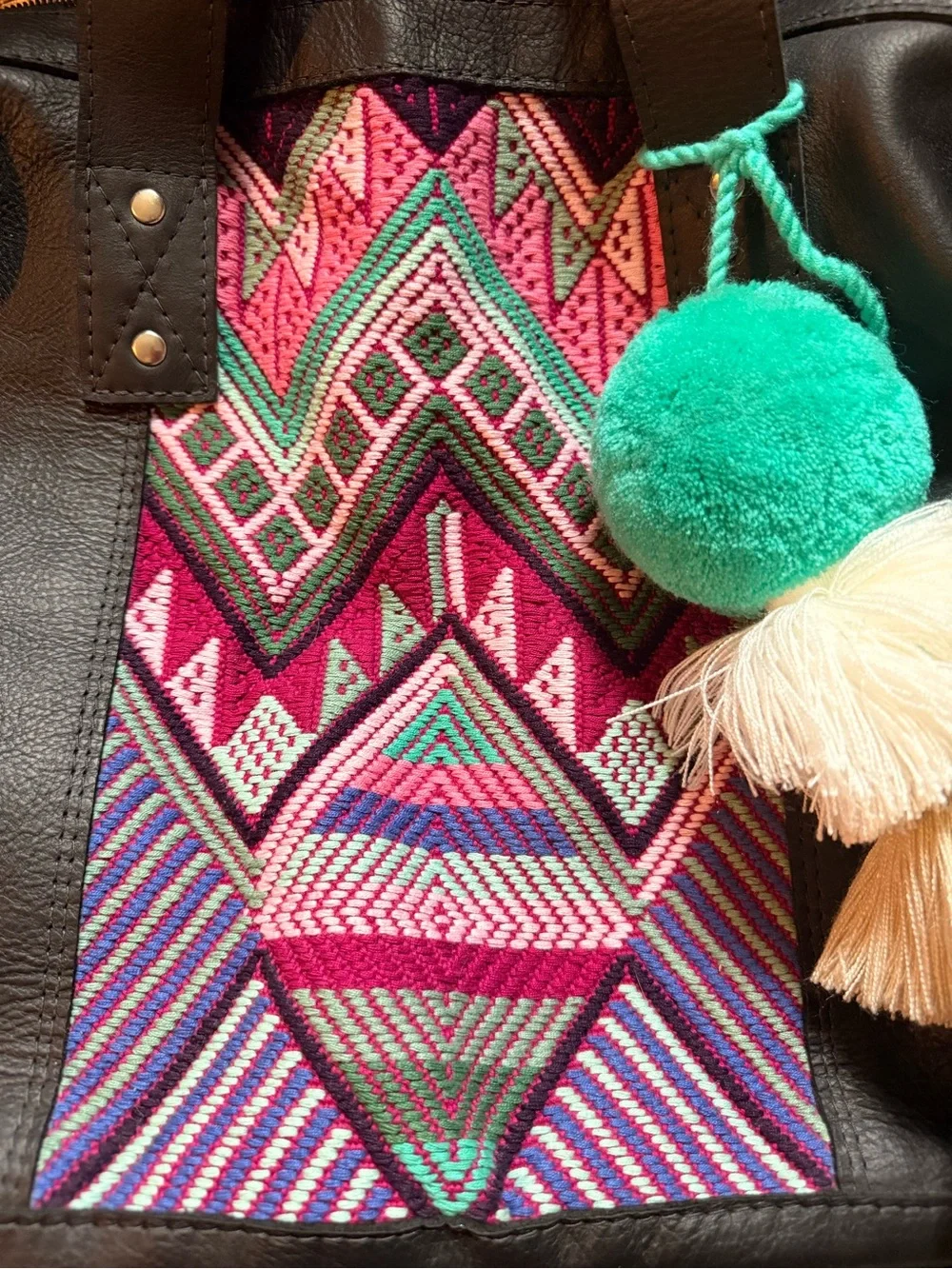 Nena Black Leather Bag with Pink & Teal Embroidered Panel - Picture 2 of 4